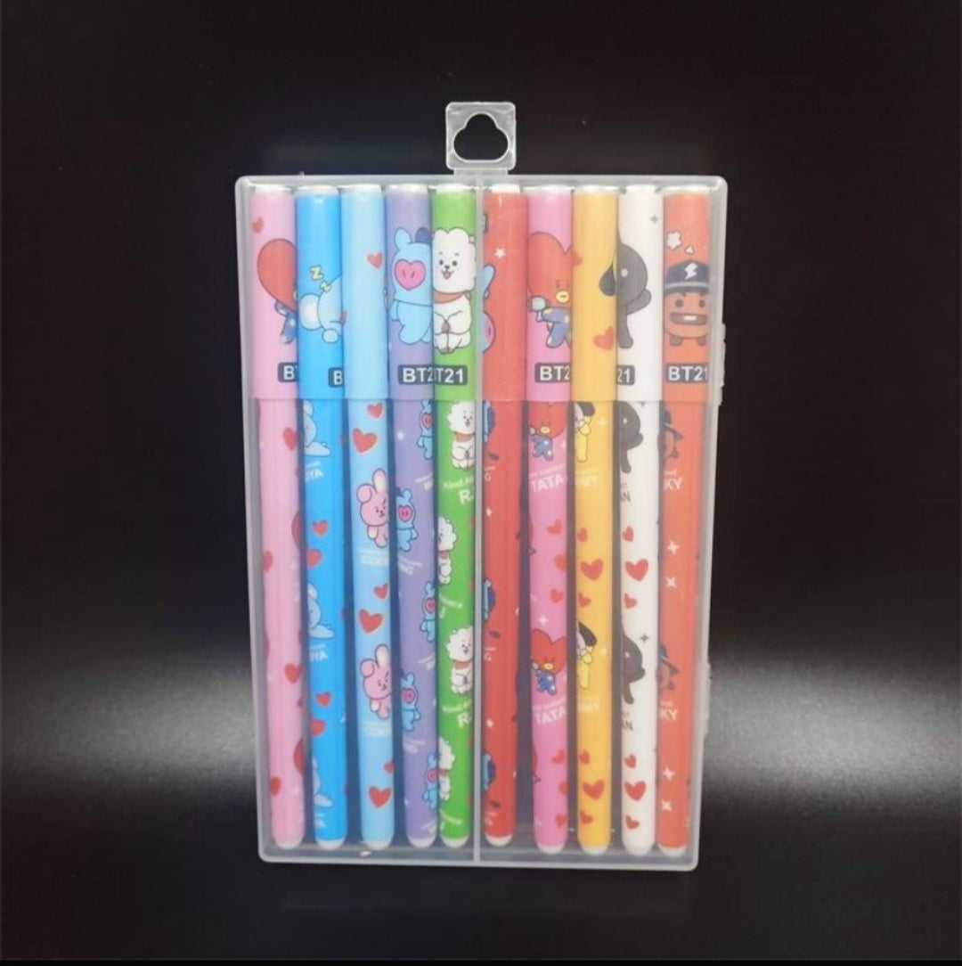 KIT 10 CANETAS GEL COLORIDAS BT21 BTS