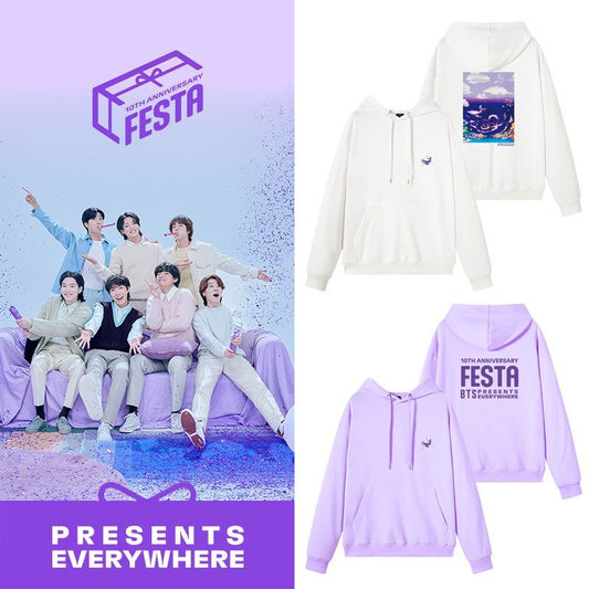 SUDADERA BTS PARTY 2023 10º ANIVERSARIO (blanca, morada y negra)