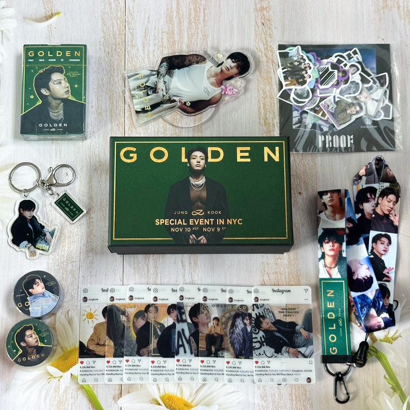 KIT JUNGKOOK GOLDEN COM 159 PÇS (CAIXA PRESENTEÁVEL C/ VÁRIOS ITENS!✨)