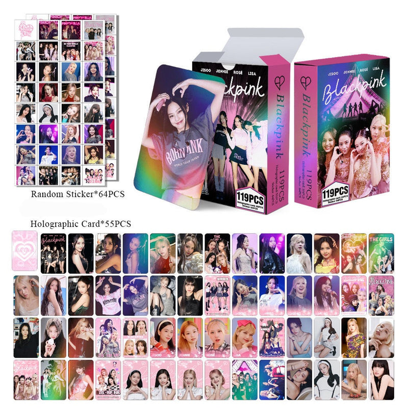 KITS DIVERSOS GRUPOS - 119 PÇS (55 PHOTOCARDS HOLOGRÁFICOS + 64 ADESIVOS)