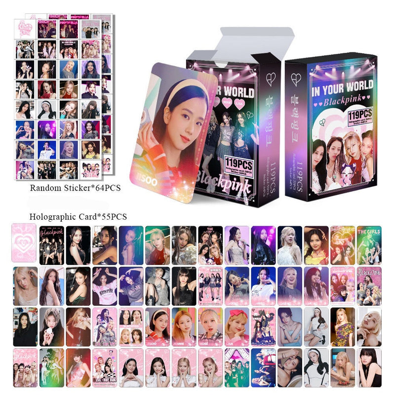 KITS DIVERSOS GRUPOS - 119 PÇS (55 PHOTOCARDS HOLOGRÁFICOS + 64 ADESIVOS)