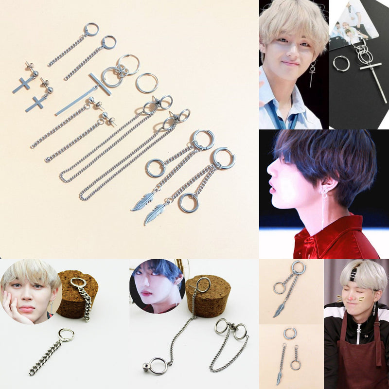 KIT CON 6 PARES DE PENDIENTES KPOP EN ACERO INOXIDABLE (JIMIN, VE SUGA) BTS